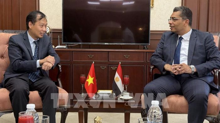 Đại sứ Nguyễn Nam Dương làm việc với Thống đốc tỉnh Biển Đỏ Walid Al Barqi. Ảnh: Hoàng Nhương - Phóng viên TTXVN tại Ai Cập 