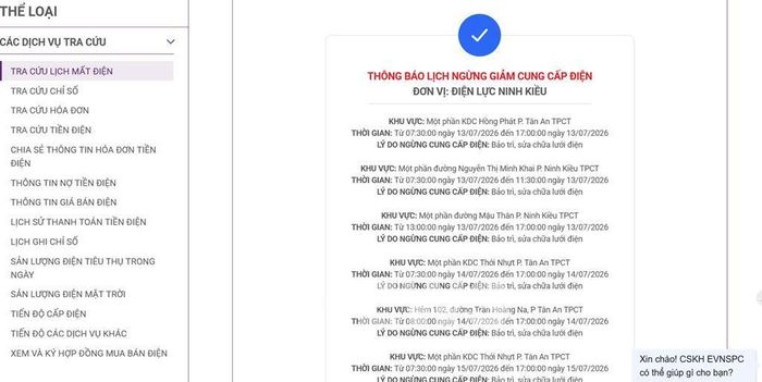 Lịch ngừng cấp điện tại Cần Thơ ngày mai 13/7 được cập nhật 07h00 ngày 12/7 tại website của EVNSPC. Ảnh: BNEWS phát