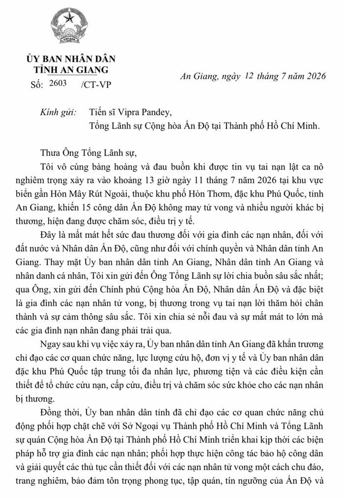 Chủ tịch UBND tỉnh An Giang Hồ Văn Mừng gửi thư chia buồn đến Tiến sĩ Vipra Pandey, Tổng Lãnh sự Cộng hòa Ấn Độ tại TP. Hồ Chí Minh.