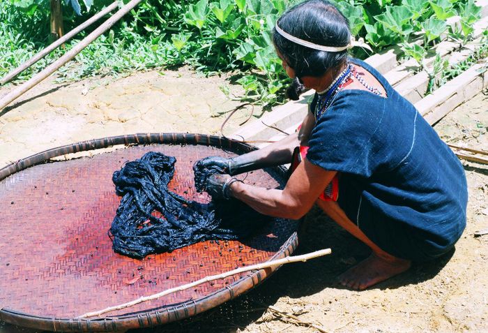Nhuộm sau khi bao sợi vải bằng lá a yâng.