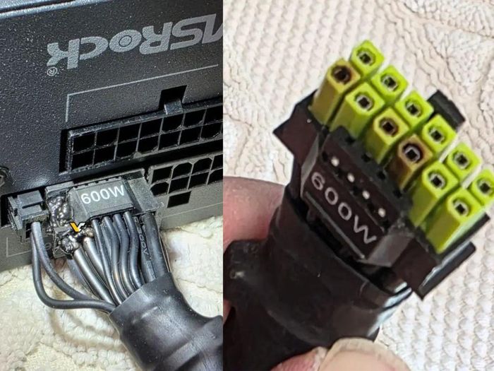 Hình ảnh đầu nối nguồn ASRock TempGuard bị cháy xém cùng hư hại trên cáp PSU.