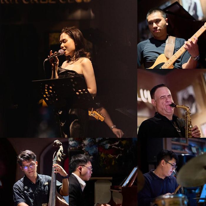 Nguyễn Thùy Linh và các nghệ sĩ Hoàng Tùng (guitar), Duy Phúc (Piano), David Valdez (Saxophone), Thế Vinh (Double bass) và Đức Anh (Trống) tại sự kiện ra mắt album “Phố và Jazz” vào 11/7 tại Hà Nội. (Ảnh: NVCC).