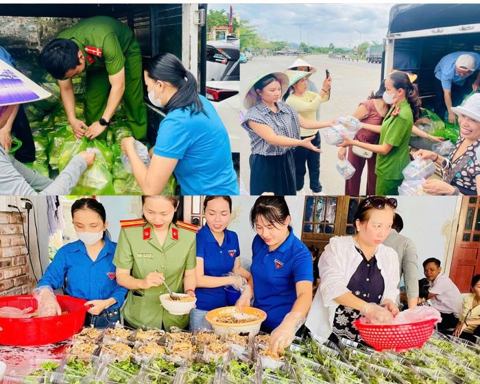 Hình ảnh đẹp của người chiến sĩ Công an trong chương trình “Bữa cơm nghĩa tình - Gắn kết yêu thương” do Công an xã Đan Điền tổ chức.