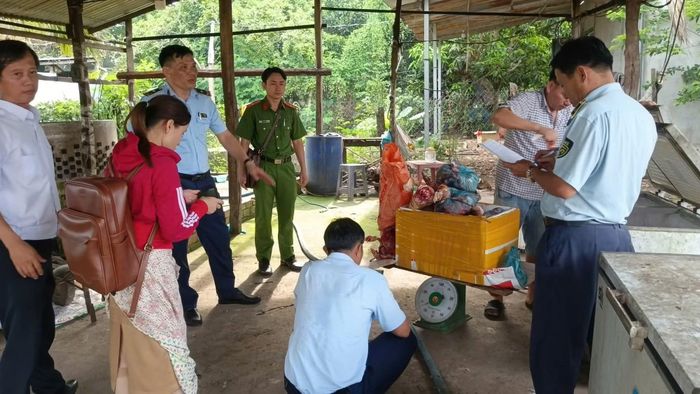 Đoàn kiểm tra liên ngành kiểm tra đột xuất địa điểm giết mổ động vật tại Tổ 39, ấp Hiệp Hoàn, xã Lộc Quang.