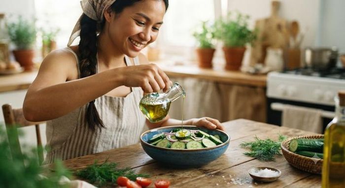 Kết hợp dưa chuột và dầu ô liu tạo nên một cặp đôi hoàn hảo giúp thanh lọc cơ thể, hỗ trợ giảm cân và cung cấp chất béo lành mạnh, vitamin dồi dào.