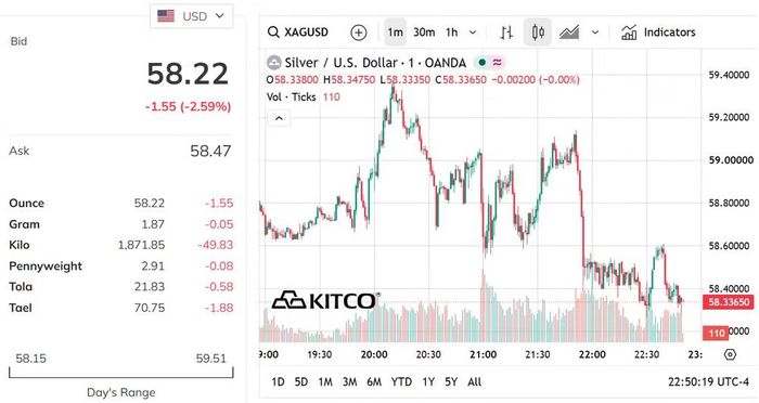 Biểu đồ giá bạc thế giới sáng 13/7. (Nguồn: kitco.com)