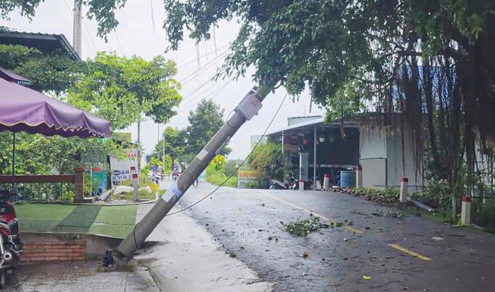 Trụ điện trên địa bàn xã Trung Hưng bị dông lốc làm ngã đổ