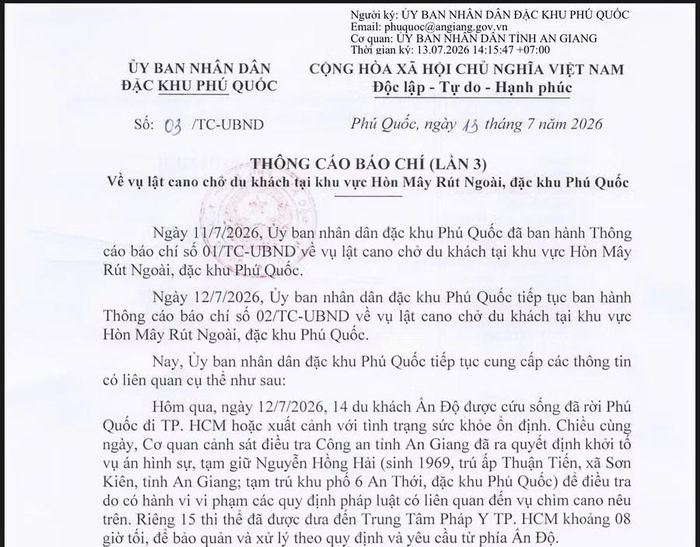 Thông cáo báo chí (lần 3) của UBND đặc khu Phú Quốc.