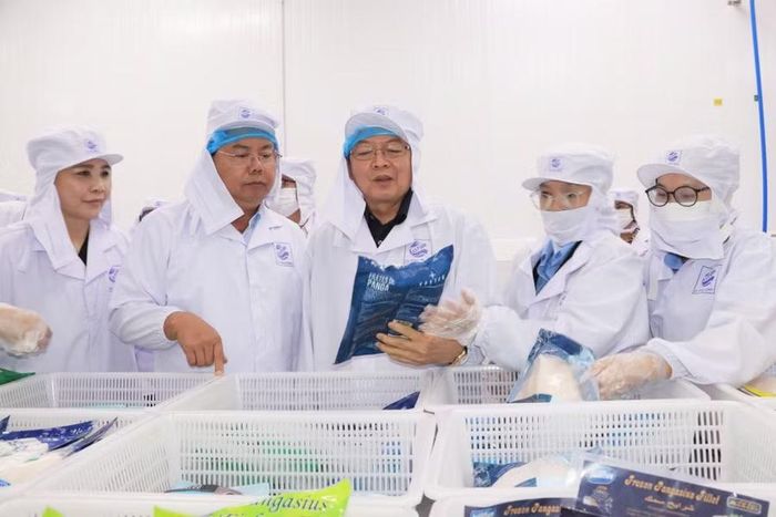 Phó Thủ tướng Hồ Quốc Dũng (giữa) và Bí thư Tỉnh ủy An Giang Nguyễn Tiến Hải tham quan quy trình sản xuất tại Công ty Cổ phần Xuất nhập khẩu thủy sản Cửu Long.