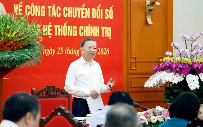 Tổng Bí thư, Chủ tịch nước Tô Lâm phát biểu tại phiên họp chuyên đề về công tác chuyển đổi số trong hệ thống chính trị. Ảnh: TTXVN.