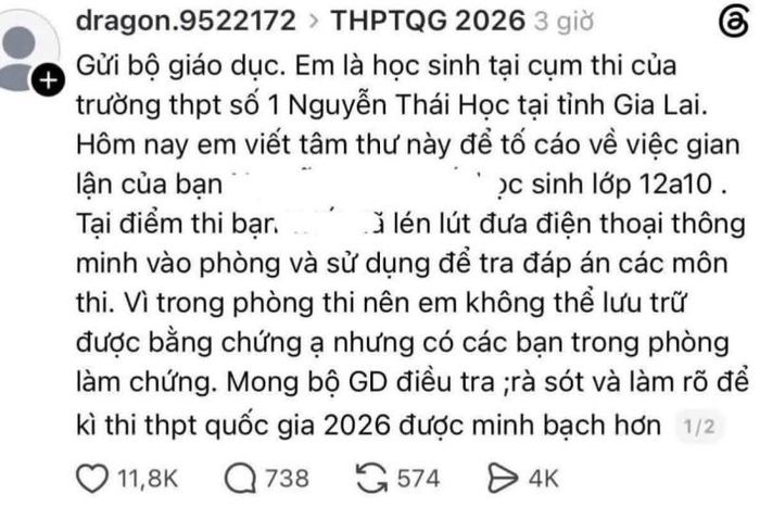 Thông tin phản ánh thí sinh N.T.T. gian lận trong kỳ thi được đăng tải trên mạng xã hội. Ảnh chụp màn hình