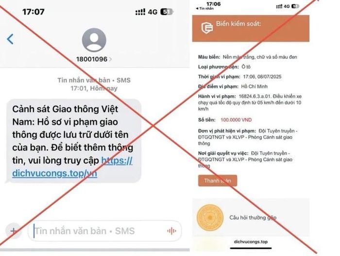 Tin nhắn lừa đảo thông báo phạt nguội.