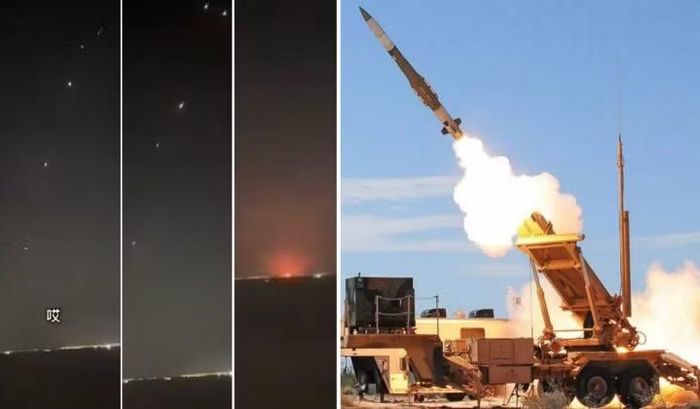 Hệ thống phóng tên lửa Patriot (bên phải) và các nỗ lực đánh chặn bất thành của UAE trong cuộc tấn công tên lửa của Iran vào Fujairah. Ảnh: MW.