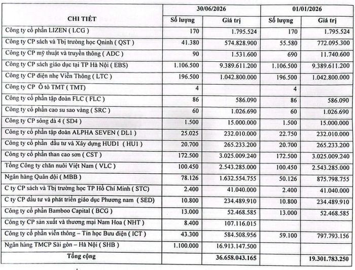 20 mã cổ phiếu CMC đầu tư. Nguồn BCTC CMC