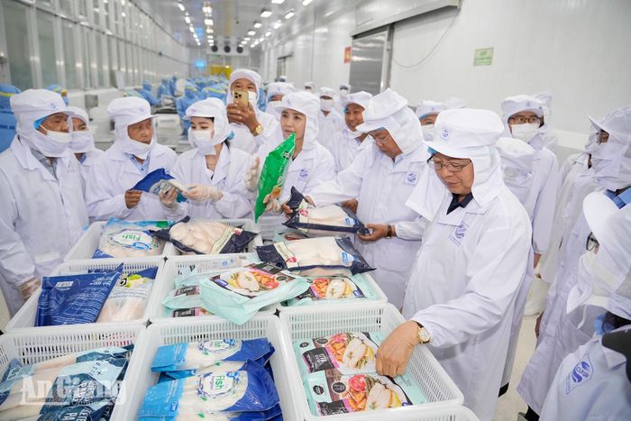 Phó Thủ tướng Chính phủ Hồ Quốc Dũng cùng Bí thư Tỉnh ủy An Giang Nguyễn Tiến Hải và đoàn công tác tham quan khu vực đóng gói sản phẩm cá phi lê tại Công ty Cổ phần Xuất nhập khẩu thủy sản Cửu Long An Giang. Ảnh: TÂY HỒ.