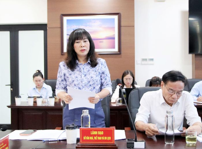 Giám đốc Sở Văn hóa, Thể thao và Du lịch Trương Thị Hồng Hạnh báo cáo tại buổi làm việc. Ảnh: TRỌNG HUY