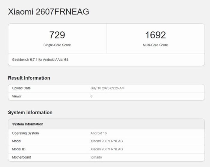 Redmi 17C 5G được thử nghiệm hiệu năng trên Geekbench với cấu hình giống Redmi 15 5G