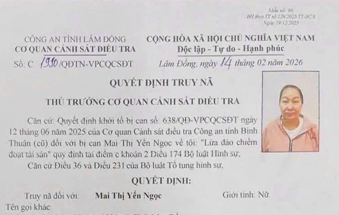 Quyết định truy nã Mai Thị Yến Ngọc của Cơ quan Cảnh sát điều tra Công an tỉnh Lâm Đồng