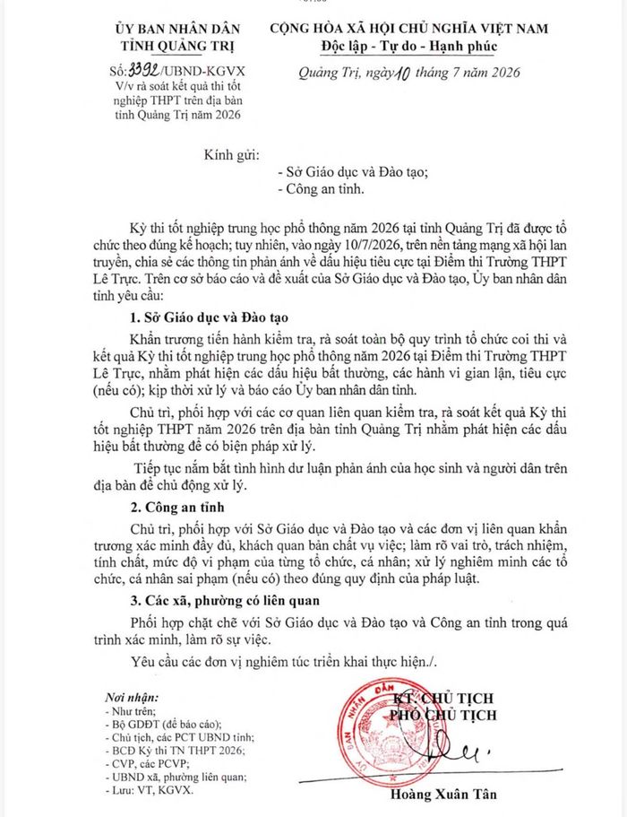 Văn bản chỉ đạo của UBND tỉnh về việc rà soát kết quả thi tốt nghiệp THPT trên địa bàn tỉnh Quảng Trị năm 2026 - Ảnh: B.T
