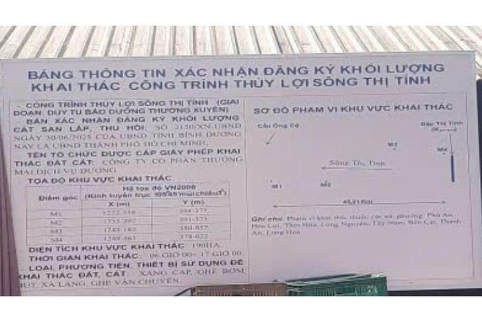 Bảng thông tin xác nhận khối lượng khai thác thuộc Dự án duy tu, bảo dưỡng công trình thủy lợi sông Thị Tính do Công ty Cổ phần Thương mại Dịch vụ Dương thực hiện.