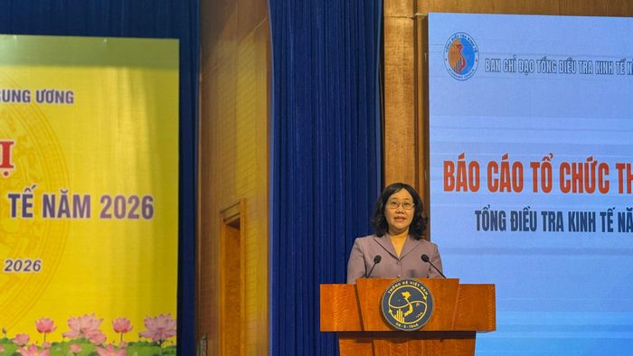 Cục trưởng Cục Thống kê Nguyễn Thị Hương báo cáo tại hội nghị.