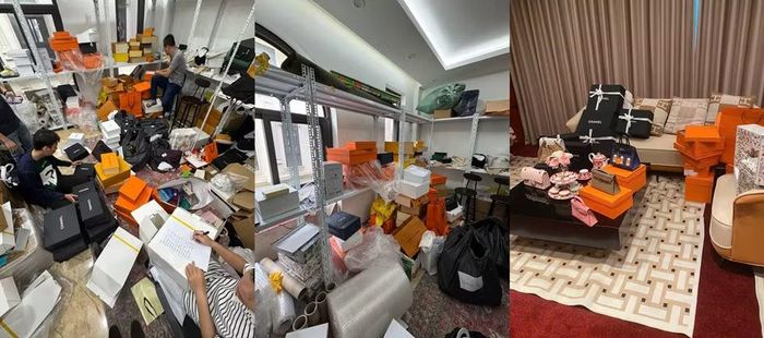 Lực lượng chức năng kiểm tra số hàng hóa có dấu hiệu giả mạo nhãn hiệu tại địa điểm kinh doanh.