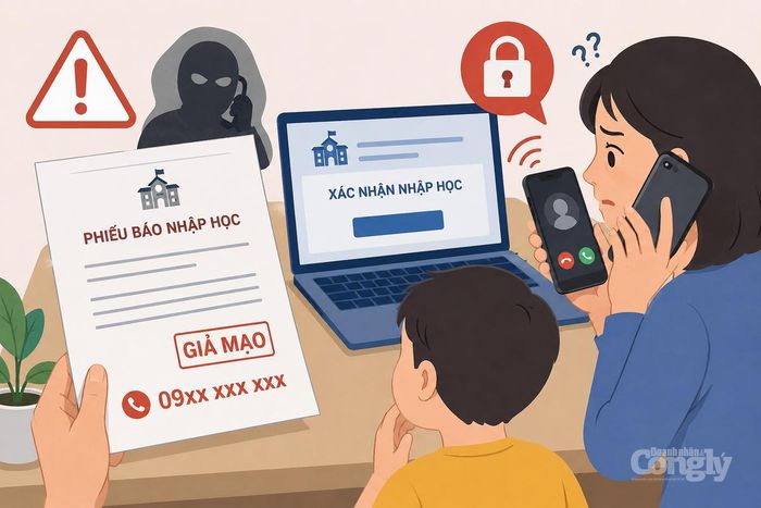 Lợi dụng tâm lý nóng lòng hoàn tất thủ tục, một số đối tượng làm giả phiếu báo nhập học, sử dụng tên hoặc hình ảnh nhận diện của cơ sở giáo dục rồi liên hệ phụ huynh qua điện thoại. Hình minh họa: AI tạo