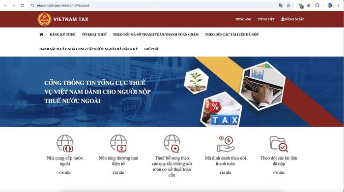 Giao diện Cổng thông tin điện tử dành cho nhà cung cấp nước ngoài kê khai thuế tại Việt Nam