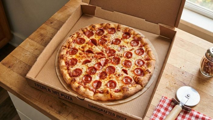 Bánh pizza được đặt trong hộp vuông. Ảnh: HTC