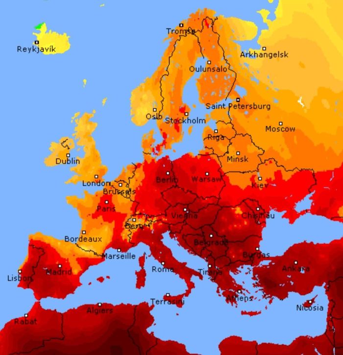Nắng nóng bất thường bao trùm châu Âu. Ảnh: Weatheronline.co.uk