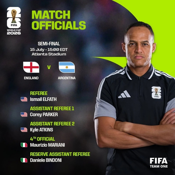 Đội ngũ trọng tài và trợ lý điều hành trận Anh gặp Argentina. Ảnh: FIFA