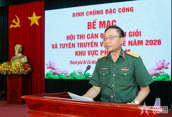 Đại tá Hoàng Ngọc Thanh, Phó chính ủy Binh chủng Đặc công phát biểu bế mạc hội thi.