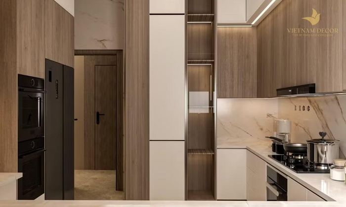 Một vị trí kiêng kỵ trong phong thủy là đặt tủ lạnh đối diện bếp nấu. (Ảnh: Vietnam Decor)