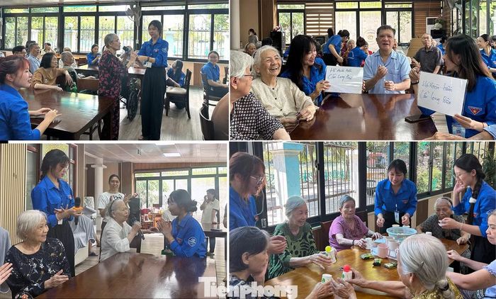 Tình nguyện viên và các cụ tại viện dưỡng lão. Ảnh: CTV