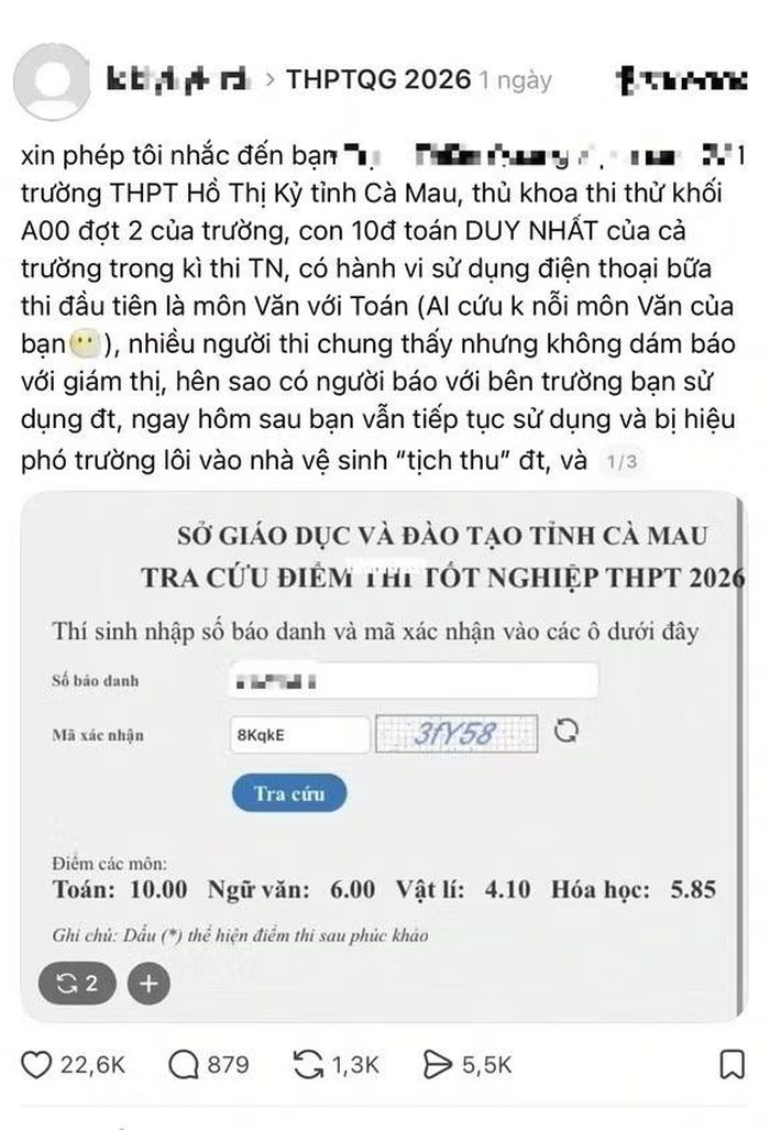 Thông tin thí sinh Trường THPT Hồ Thị Kỷ sử dụng điện thoại trong các buổi thi môn Ngữ văn và Toán đang lan truyền mạng xã hội. Ảnh chụp màn hình.