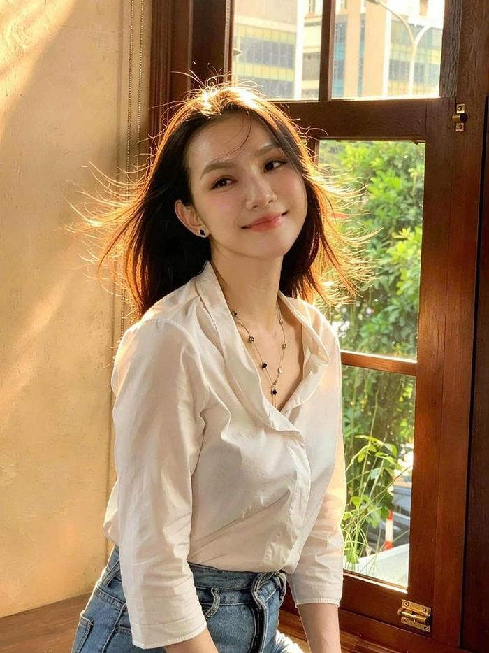 Hoa hậu Thùy Lâm diện sơ mi trắng phối quần jeans, được khen trẻ trung như sinh viên dù đã đăng quang Miss Universe Vietnam 2008 được 18 năm.