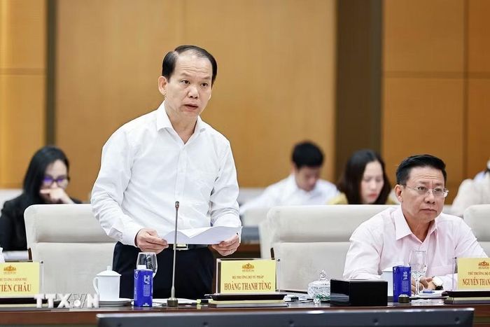Bộ trưởng Bộ Tư pháp Hoàng Thanh Tùng thuyết trình về nội dung cơ bản của dự thảo. (Ảnh: Doãn Tấn/TTXVN)