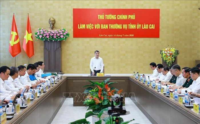 Thủ tướng Lê Minh Hưng làm việc với Ban Thường vụ Tỉnh ủy Lào Cai. Ảnh: Dương Giang/TTXVN