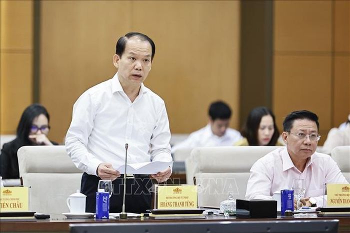 Bộ trưởng Bộ Tư pháp Hoàng Thanh Tùng thuyết trình về nội dung cơ bản của dự thảo. Ảnh: Doãn Tấn/TTXVN