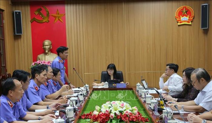 Ông Đoàn Anh Phương, Viện trưởng Viện Kiểm sát Nhân dân thành phố Hải Phòng phát biểu tại cuộc họp Đoàn đại biểu Quốc hội thành phố Hải Phòng khảo sát tình hình tổ chức, thực hiện nhiệm vụ sau khi sáp nhập và vận hành chính quyền địa phương hai cấp, sáng 9/7. Ảnh: Minh Thu/TTXVN