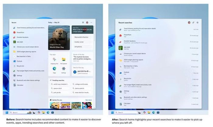 Microsoft đang thử giao diện tìm kiếm mới trên Windows 11, thay các nội dung gợi ý và quảng cáo bằng danh sách tìm kiếm gần đây của người dùng. Ảnh: The Verge.