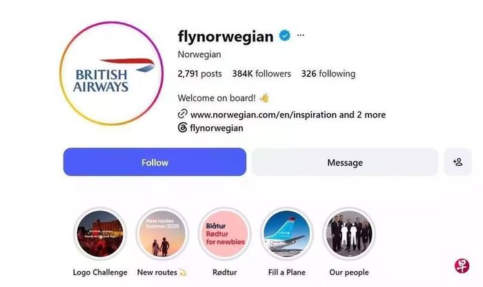 Norwegian Air chúc mừng British Airways và đổi hình đại diện (avatar) trên tài khoản Instagram thành logo của đối phương trong vòng một ngày. Ảnh: Sohu.