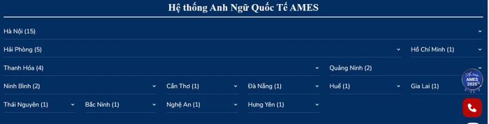 Các chi nhánh trung tâm AMES English. Ảnh chụp màn hình.