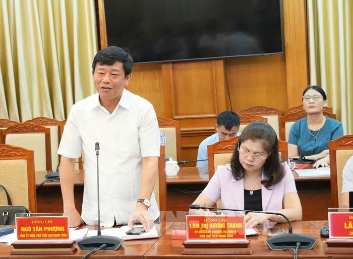 Phó Chủ tịch UBND tỉnh Bắc Ninh Ngô Tân Phượng phát biểu tại buổi làm việc. Ảnh: Đồng Thúy - TTXVN 