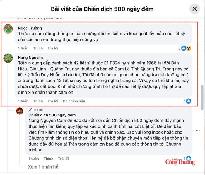 Nhiều bình luận và chia sẻ của thân nhân liệt sĩ và đồng bào cả nước. Ảnh chụp màn hình.