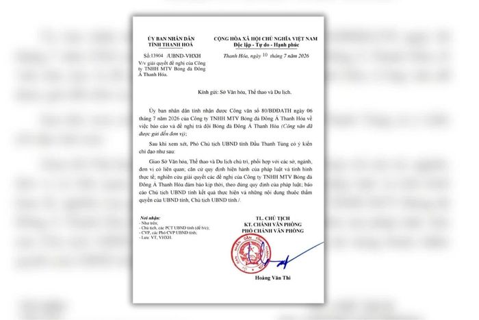 Công văn của UBND tỉnh Thanh Hóa giao Sở Văn hóa, Thể thao và Du lịch nghiên cứu, giải quyết đề nghị của Công ty TNHH MTV Bóng đá Đông Á Thanh Hóa.