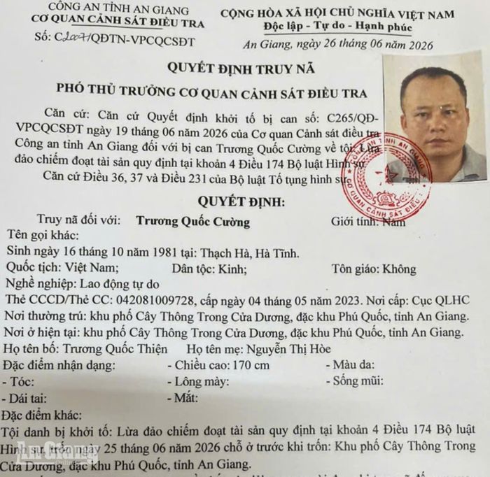 Quyết định truy nã Trương Quốc Cường.