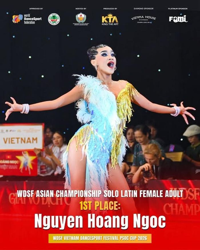 Nguyễn Hoàng Ngọc giành 5 Huy chương Vàng vô địch điệu đơn châu Á latin nữ (Jive, Rumba, Paso Doble, Chachacha và Samba).
