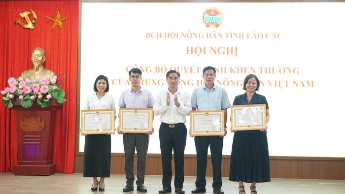 Đồng chí Nguyễn Chương Phát - Chủ tịch Hội Nông dân tỉnh trao Bằng khen của Ban Chấp hành Trung ương Hội Nông dân Việt Nam cho các tập thể.