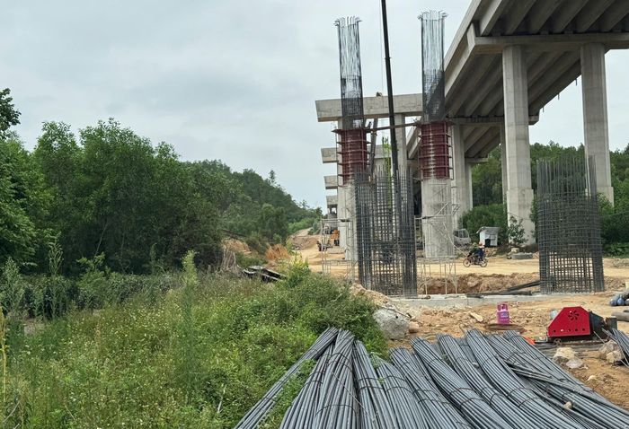 Nhiều trụ cầu đã làm xong đến xà mũ chuẩn bị cho công tác lao, lắp dầm.